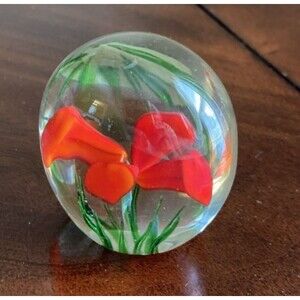 Glass Paper Weight - Art Glass Red Flower  - 2.25" high